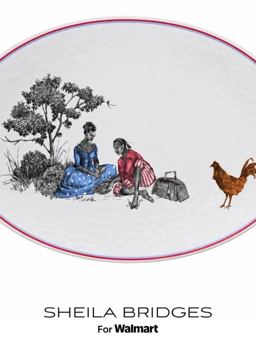 Sheila Bridges White Oval Serving Platter with Red and Blue Trim